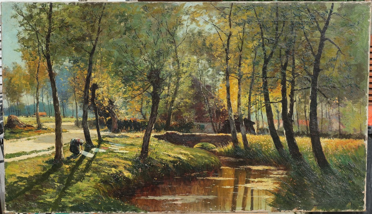 Prosper De Wit (1862-1951). Large Landscape With A Washerwoman, Brabant.