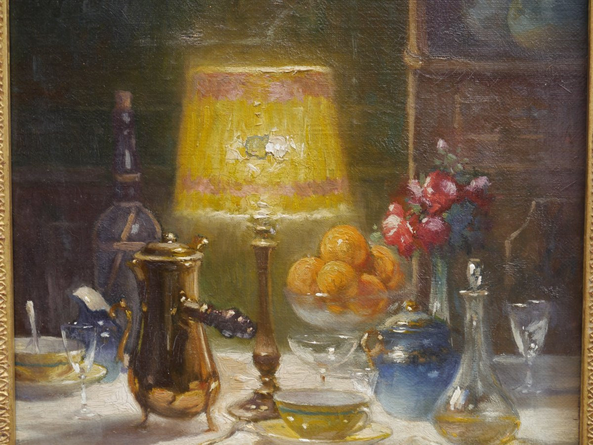 Intérieur à la table dressée pour un chocolat chaud. Maurice Louis MONNOT (1869-1937)-photo-4