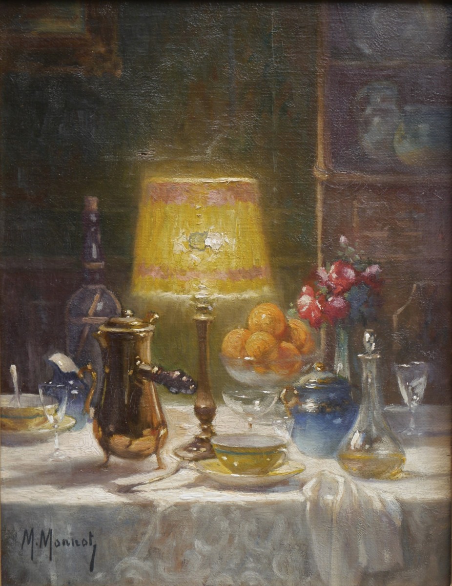 Intérieur à la table dressée pour un chocolat chaud. Maurice Louis MONNOT (1869-1937)-photo-2