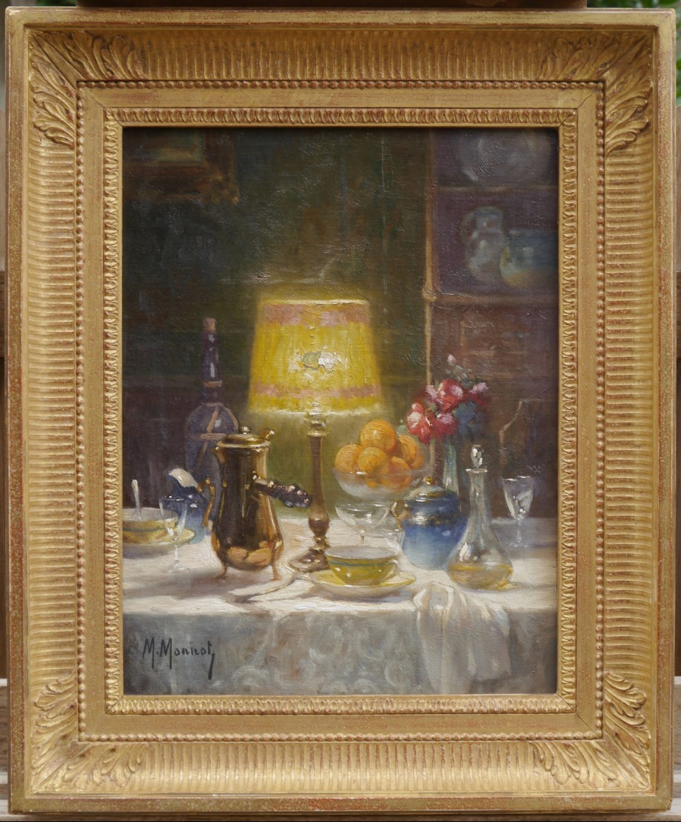 Intérieur à la table dressée pour un chocolat chaud. Maurice Louis MONNOT (1869-1937)