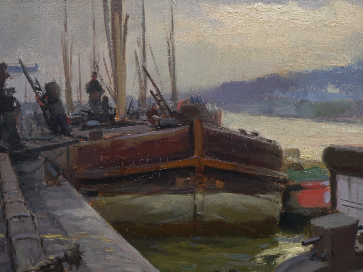 Henri Alphonse Barnoin (1882-1940). Barges On The Seine? Paris?-photo-4