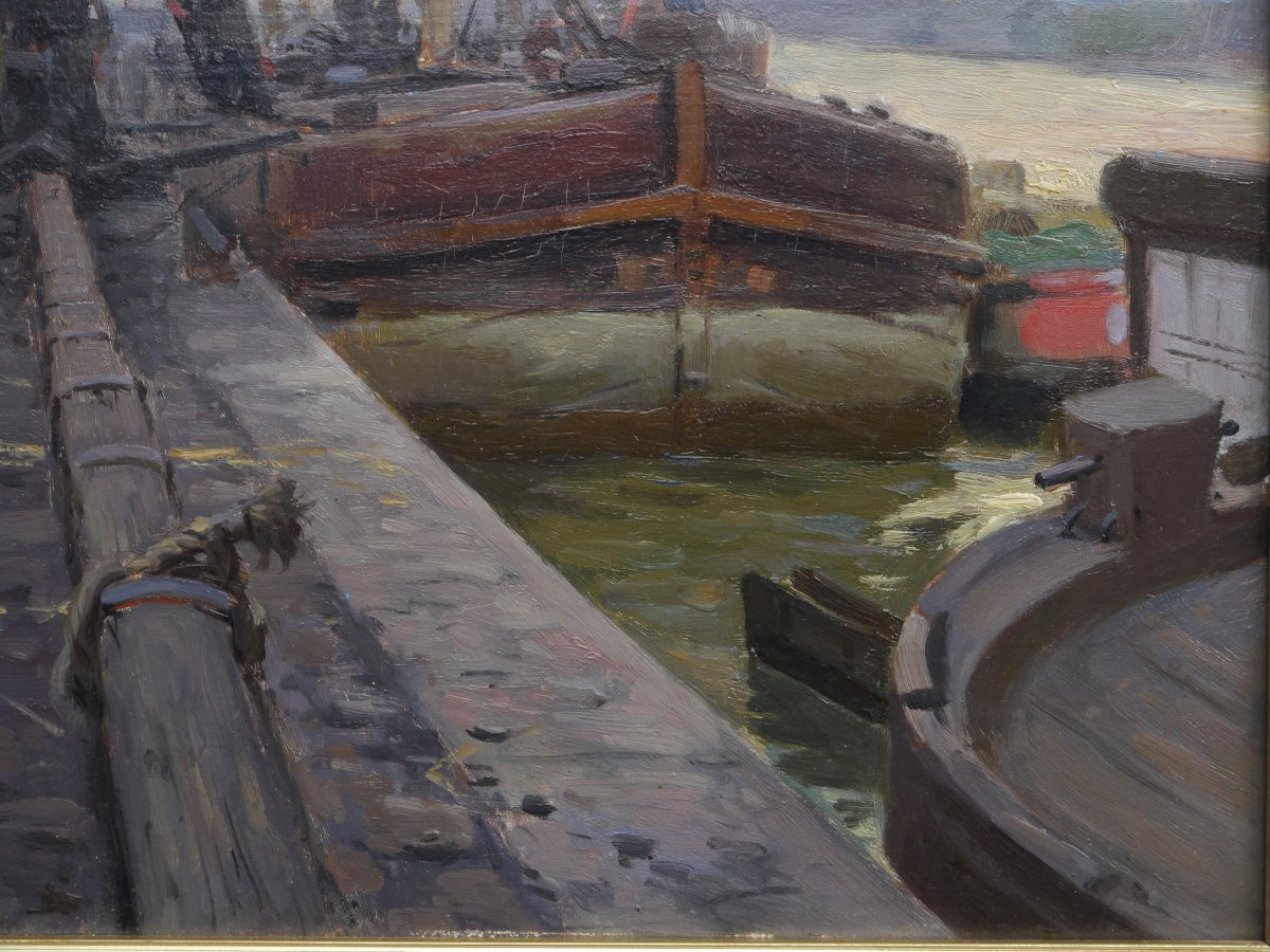 Henri Alphonse Barnoin (1882-1940). Barges On The Seine? Paris?-photo-1