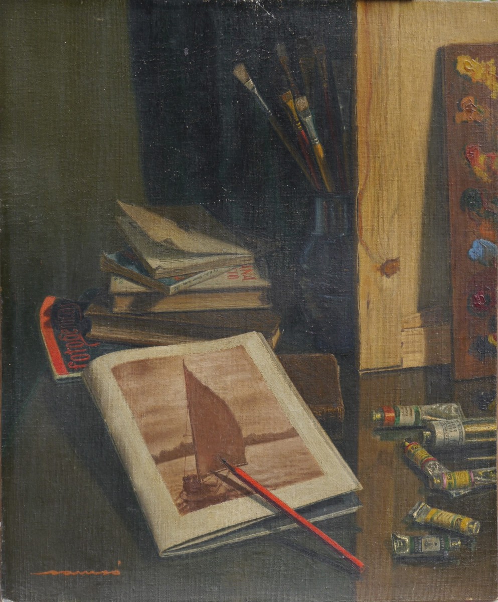 Les objets du peintres, vers 1950, signé.