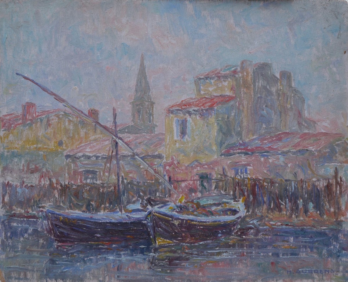 Henri Aurrens (1873-1934). Boats Moored In Martigues.