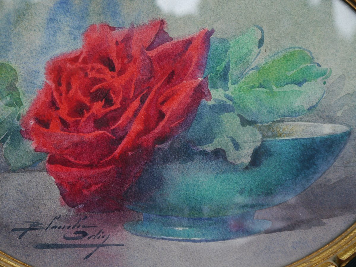 Blanche ODIN (1865-1957). Rose rouge dans une coupe bleue.-photo-2