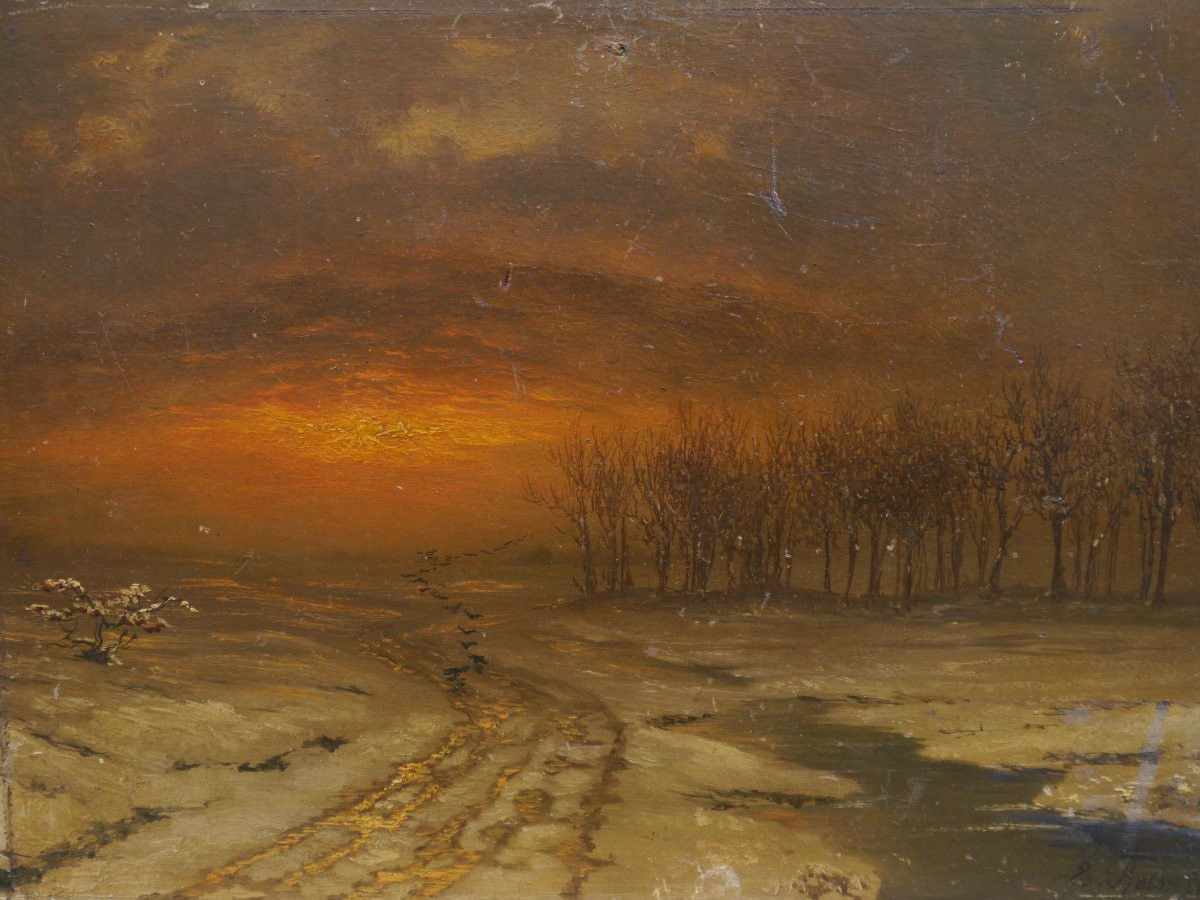 Paysage sous la neige au soleil couchant. George CHAMIER (1842-1915)-photo-4