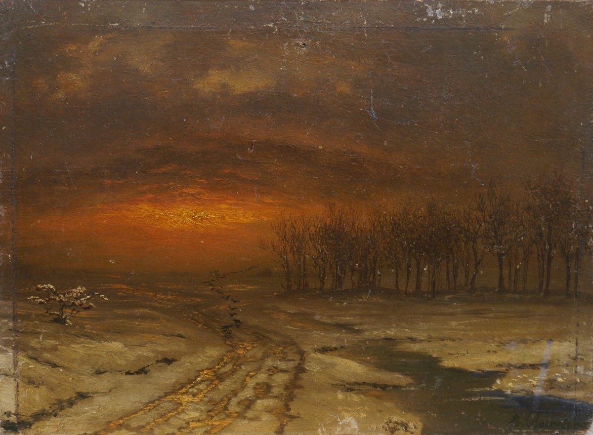 Paysage sous la neige au soleil couchant. George CHAMIER (1842-1915)