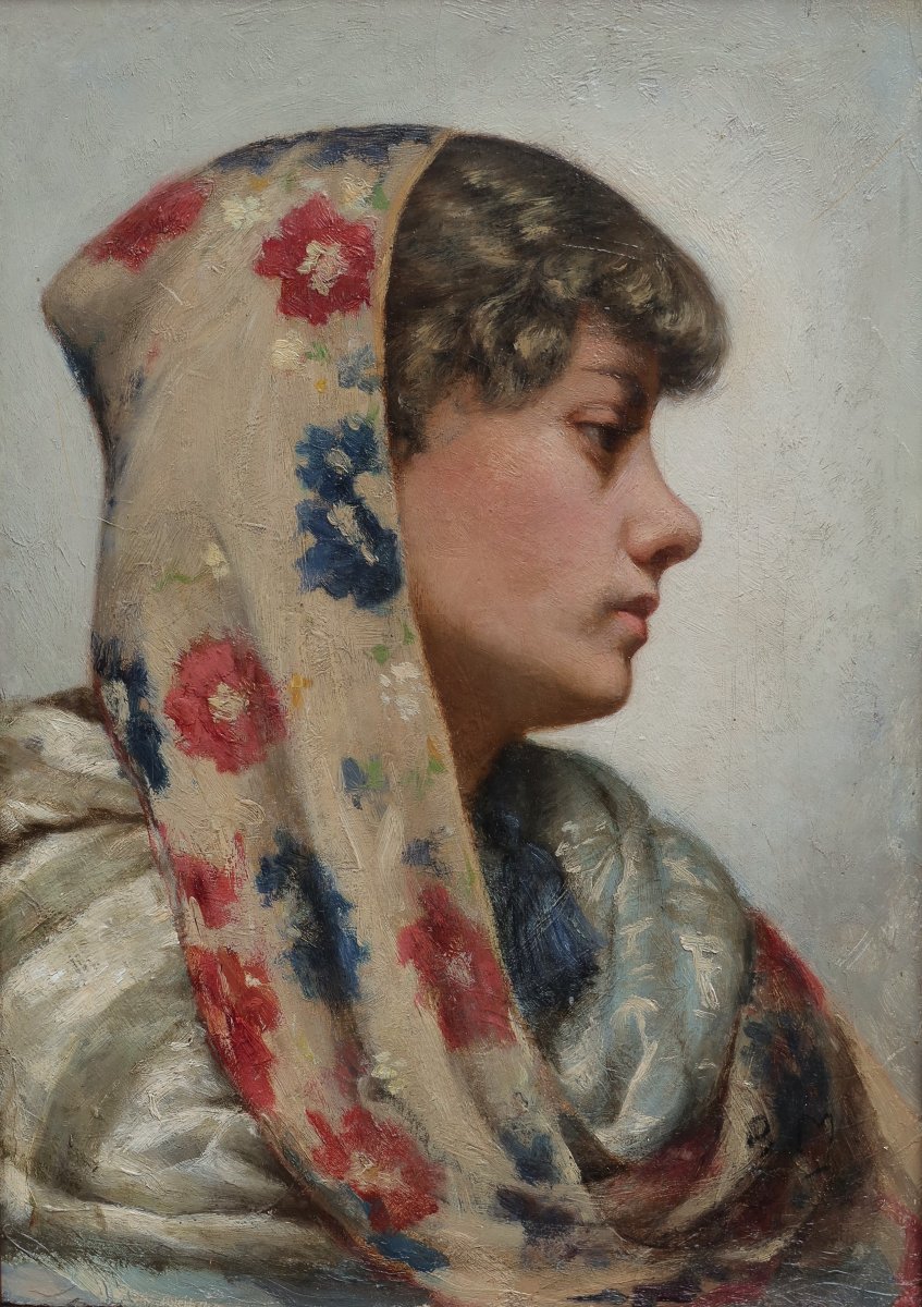 Jeune femme au foulard. Ecole vers 1900 monogrammée BM, cadre à canaux doré-photo-2