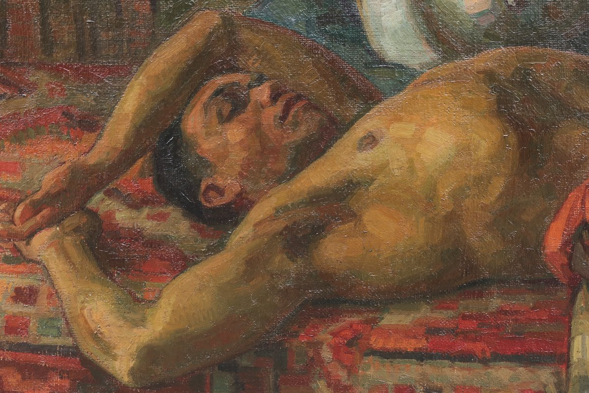 Guerrier se reposant. Grand tableau début XXè-photo-3