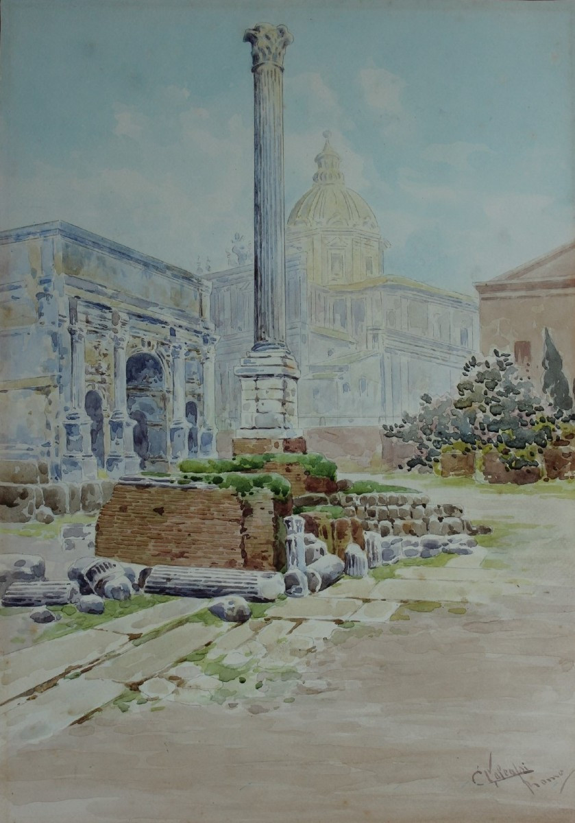 Colonne de Phocas, Rome. Aquarelle déb. XXè signée