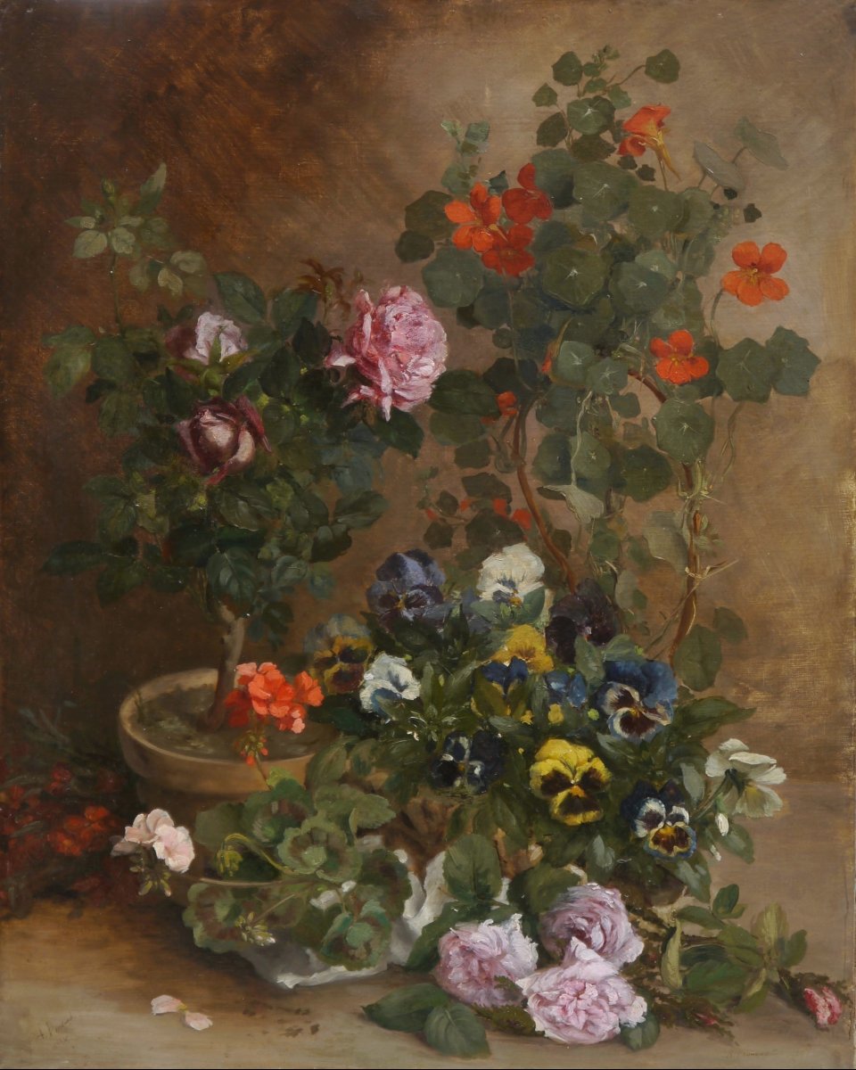Grande composition florale aux capucines 1882. Jean Baptiste Adolphe BRONQUART (XIX)-photo-2