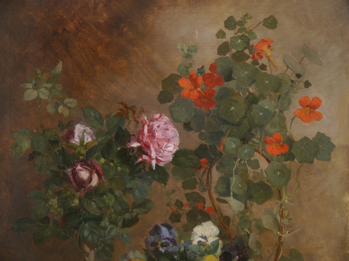 Grande composition florale aux capucines 1882. Jean Baptiste Adolphe BRONQUART (XIX)-photo-3