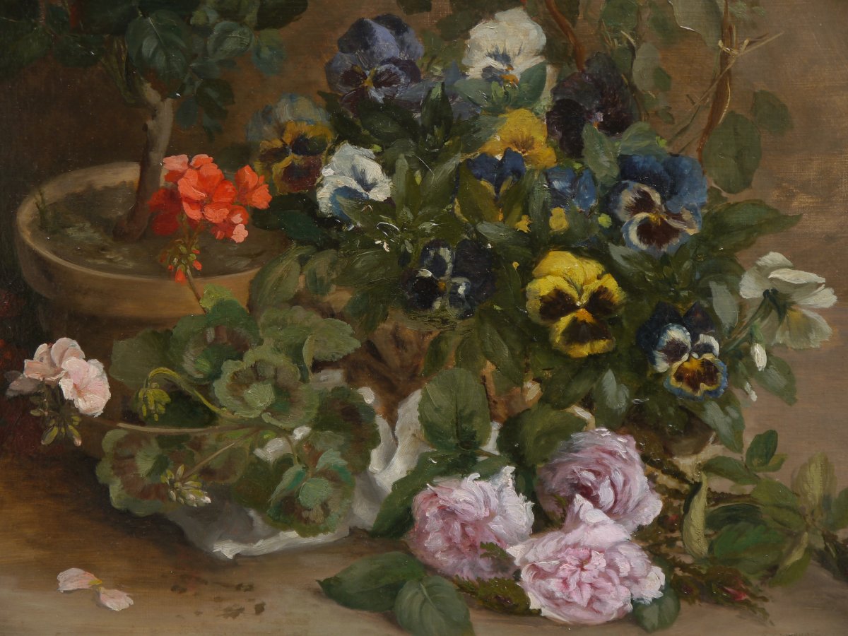 Grande composition florale aux capucines 1882. Jean Baptiste Adolphe BRONQUART (XIX)-photo-3