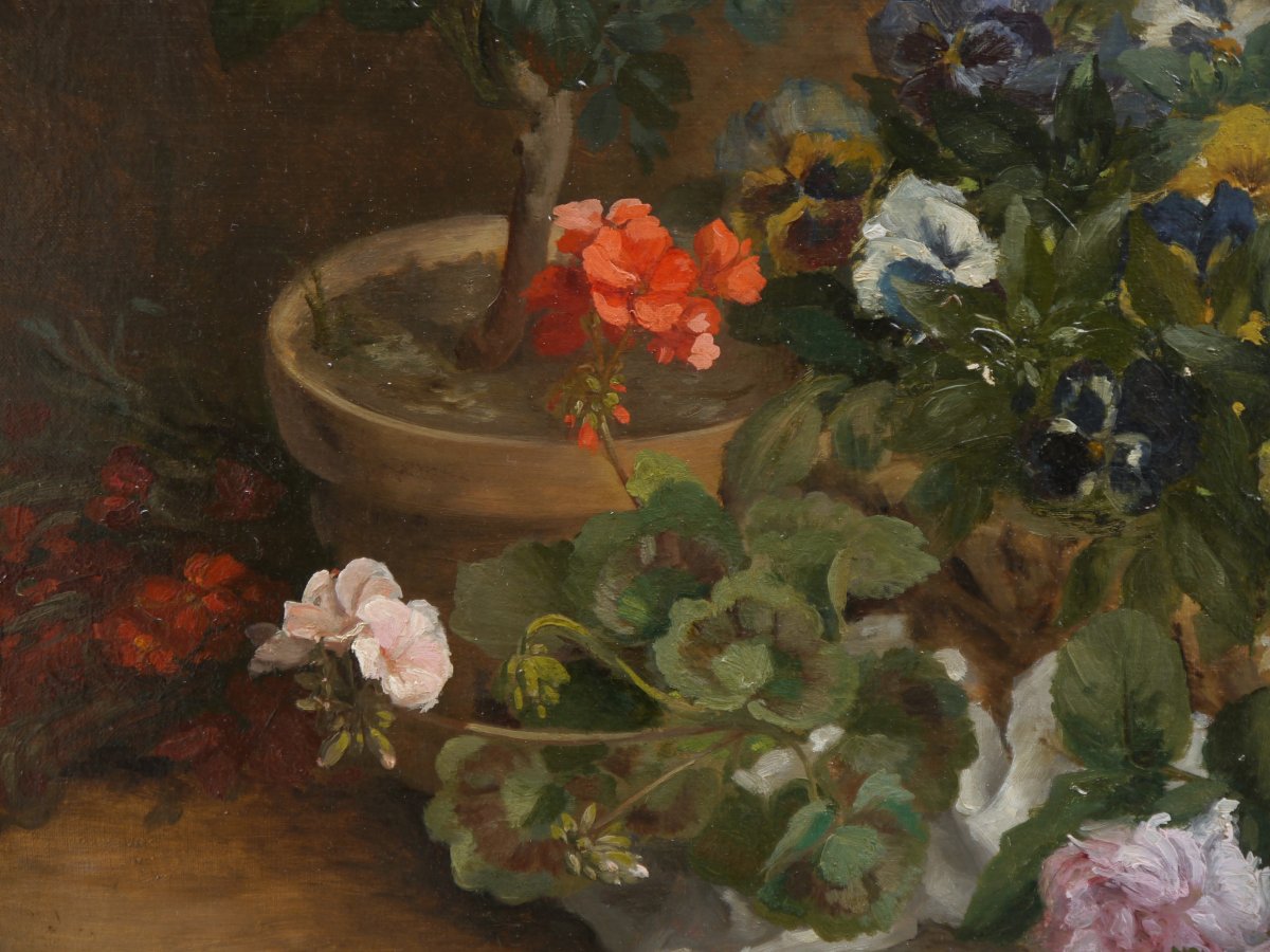 Grande composition florale aux capucines 1882. Jean Baptiste Adolphe BRONQUART (XIX)-photo-5