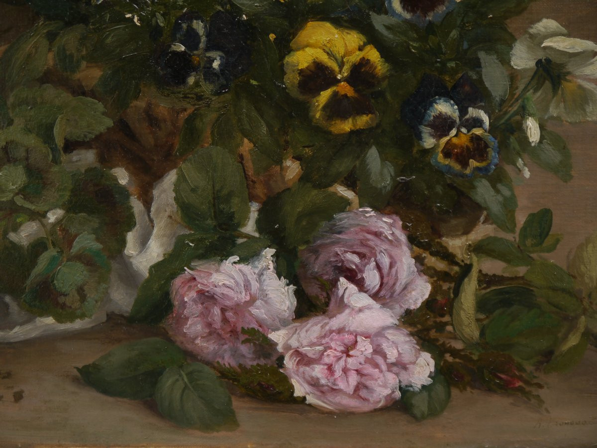 Grande composition florale aux capucines 1882. Jean Baptiste Adolphe BRONQUART (XIX)-photo-6