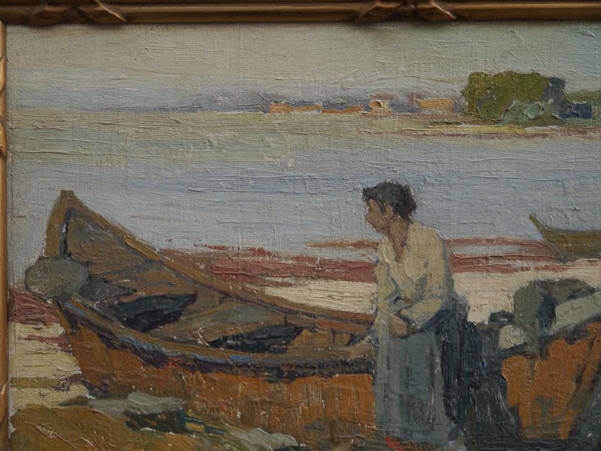 Femme à la barque sur une plage, Hérault. Louis Raoul GUIRAUD (1888-1976)-photo-3