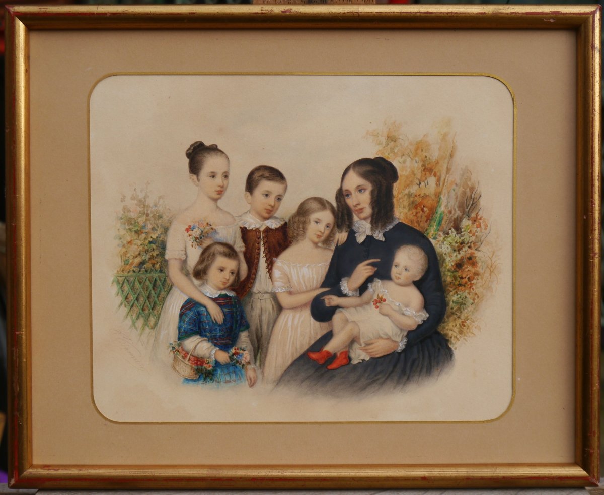 Portrait de famille, une mère et ses cinq enfants vers 1850-photo-2