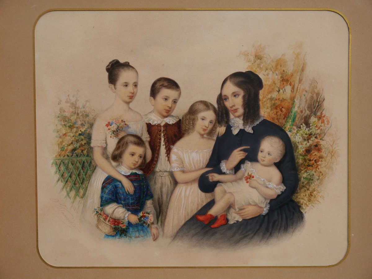 Portrait de famille, une mère et ses cinq enfants vers 1850-photo-3