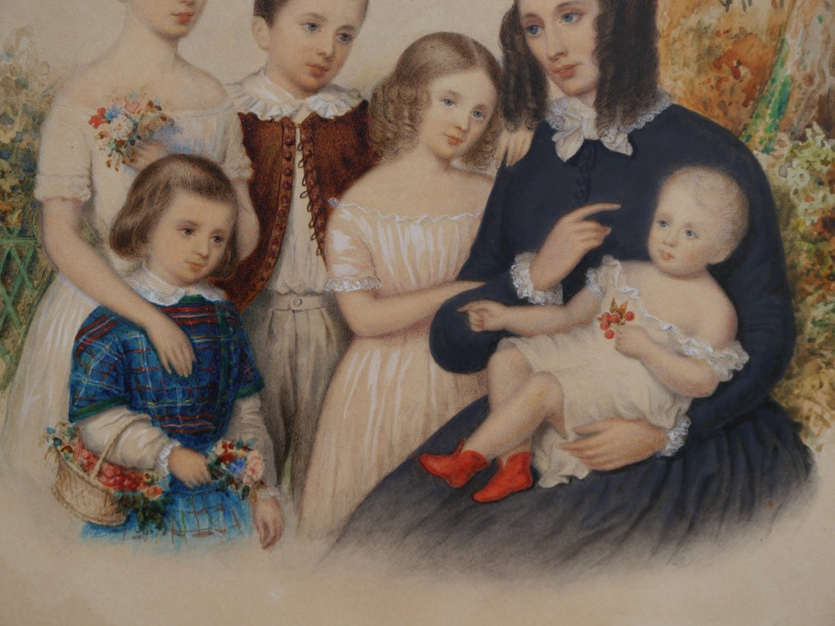 Portrait de famille, une mère et ses cinq enfants vers 1850-photo-1