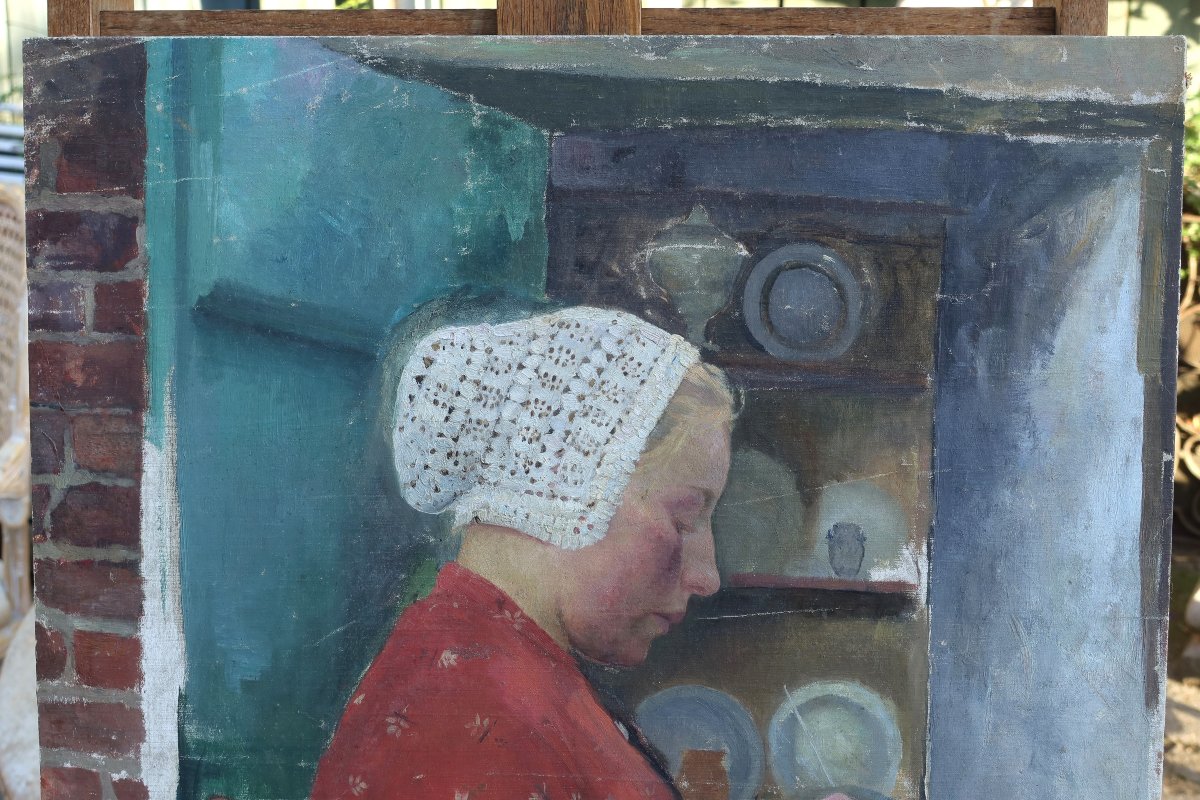 Portrait femme au tricot, école début XXè,broderie-photo-4