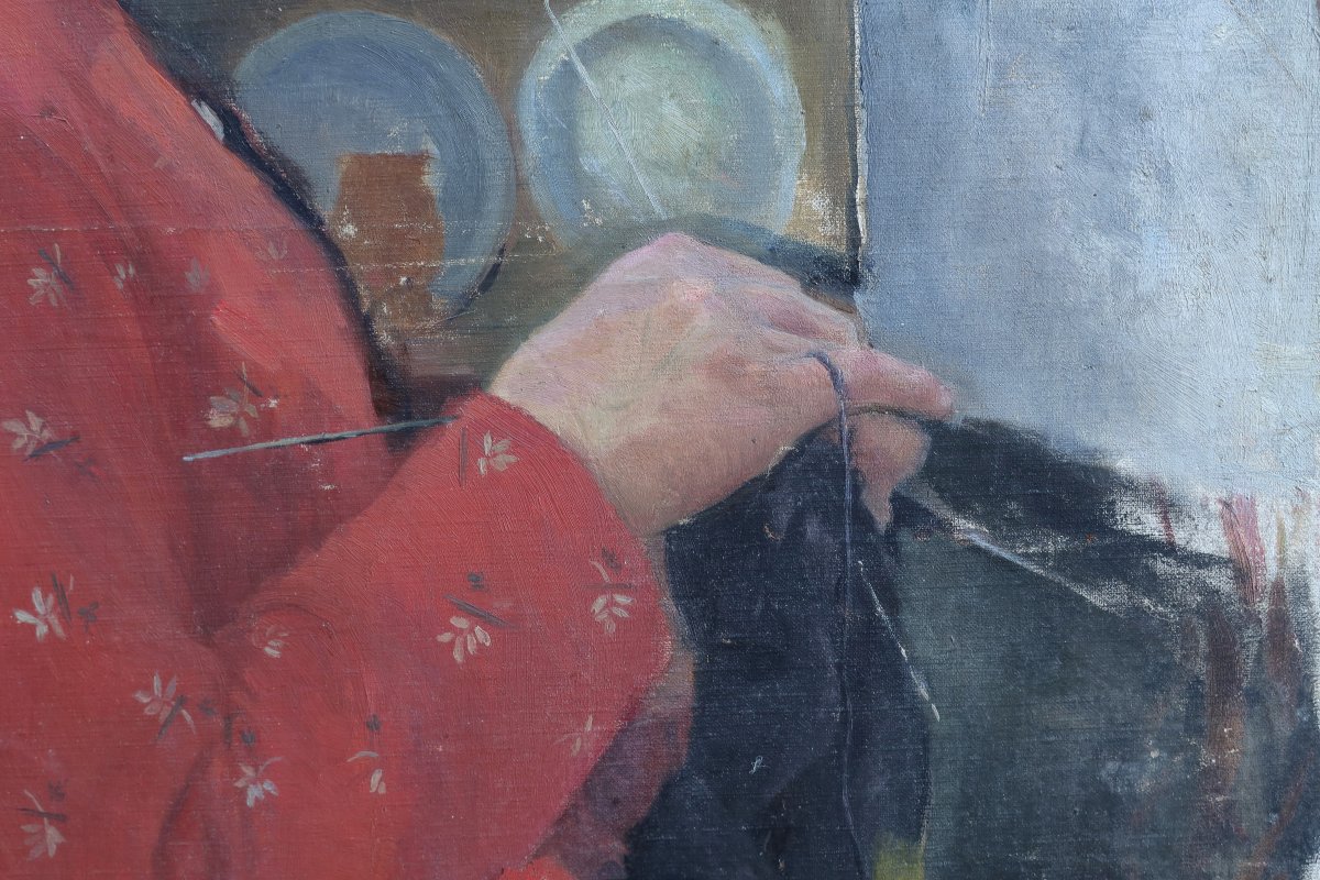 Portrait femme au tricot, école début XXè,broderie-photo-4