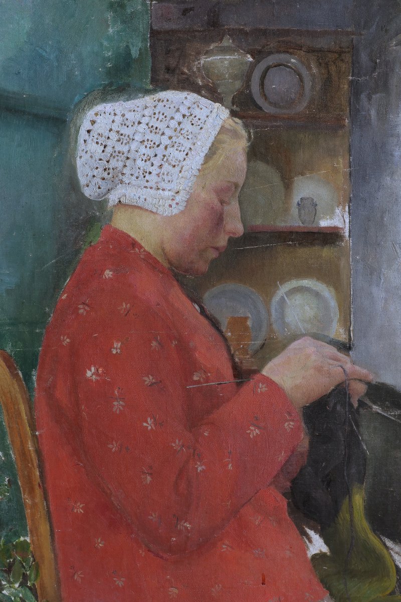 Portrait femme au tricot, école début XXè,broderie-photo-6