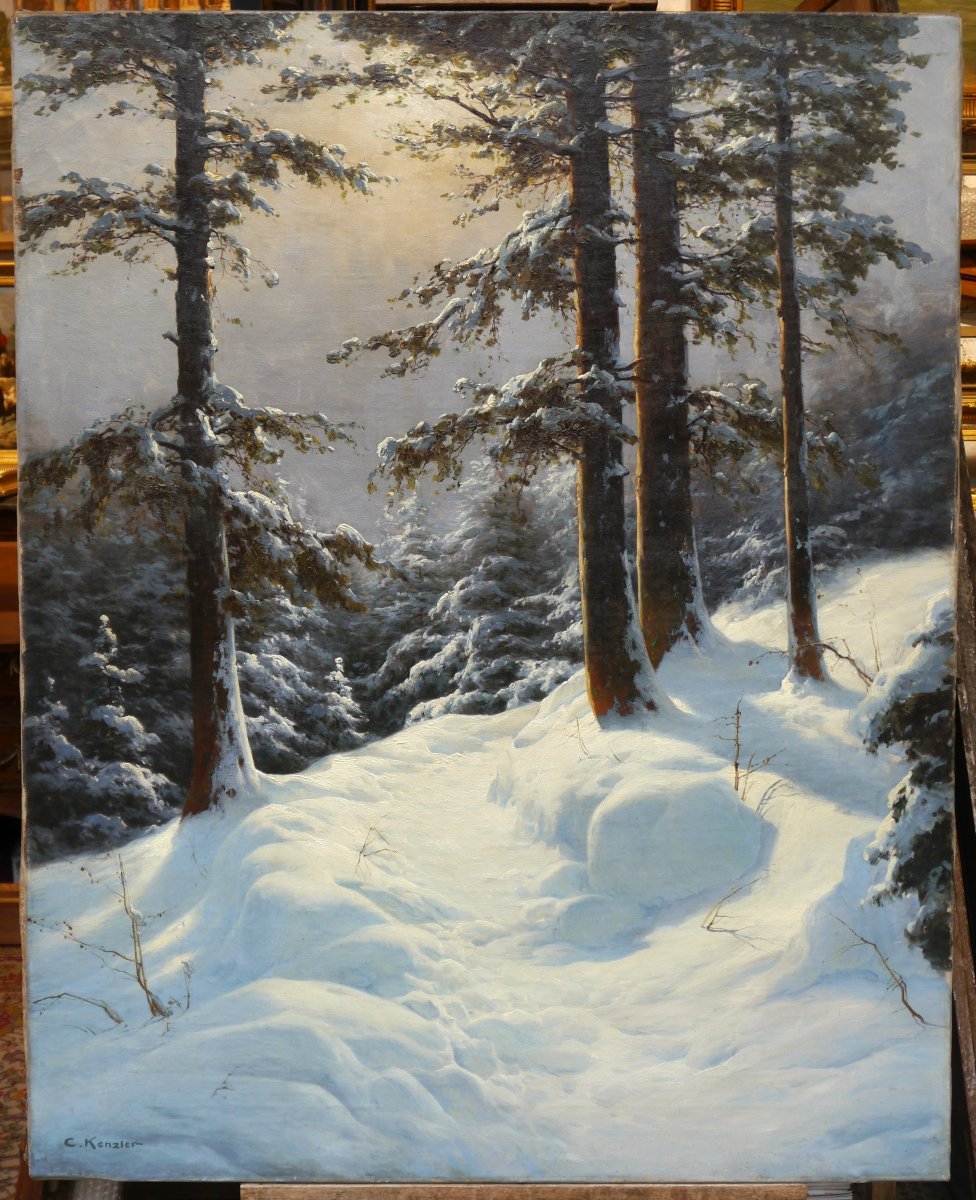 Grand tableau de montagne, sapins et chemin dans la neige. Carl KENZLER (1872-1947)-photo-2