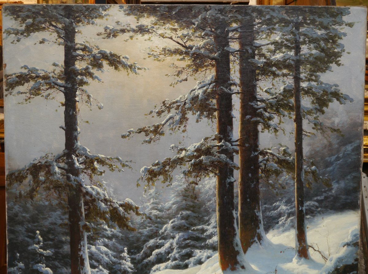 Grand tableau de montagne, sapins et chemin dans la neige. Carl KENZLER (1872-1947)-photo-3