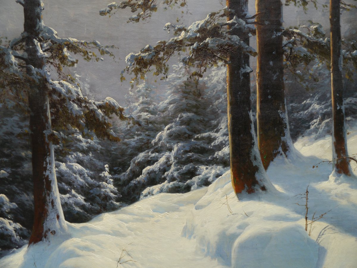 Grand tableau de montagne, sapins et chemin dans la neige. Carl KENZLER (1872-1947)-photo-1