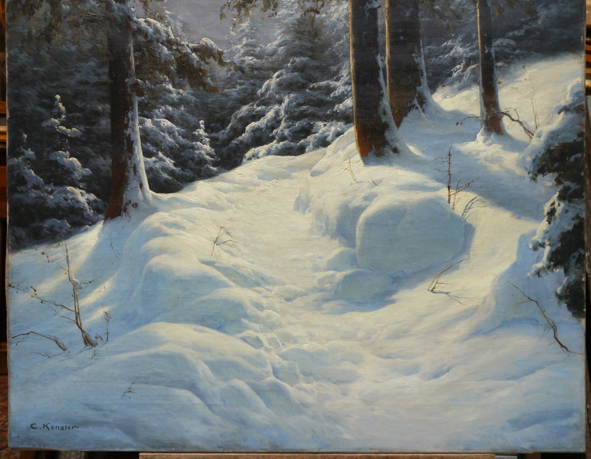 Grand tableau de montagne, sapins et chemin dans la neige. Carl KENZLER (1872-1947)-photo-2