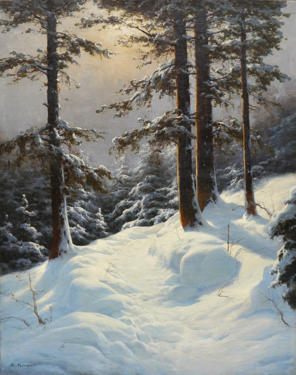 Grand tableau de montagne, sapins et chemin dans la neige. Carl KENZLER (1872-1947)
