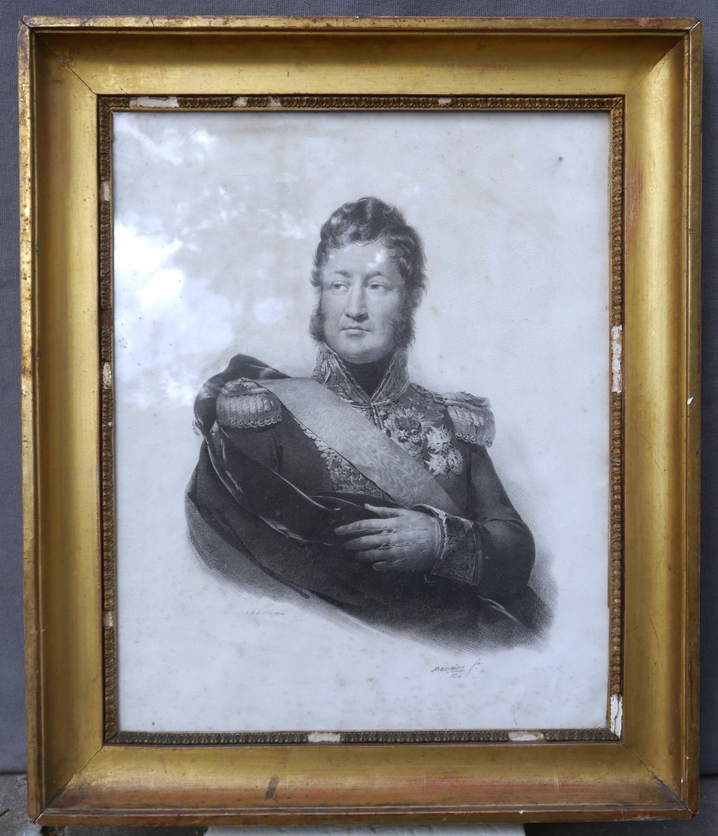 Cadre doré XIXè 6F, profil gorge et rais-de-coeur vue 39,5x31,5 cm, gravure Louis-Philippe