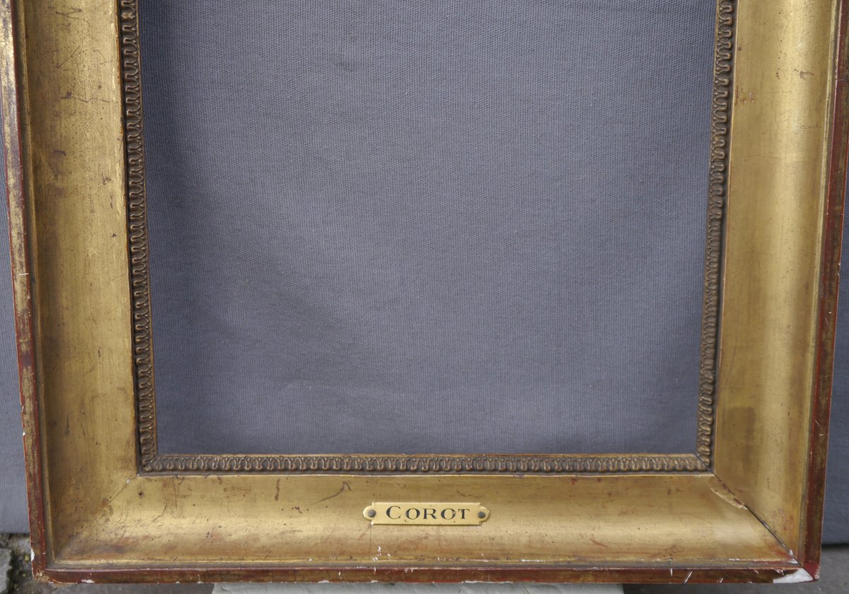Cadre doré XIXè gorge et rais-de-coeur, vue 35,5x26,5 cm, cartel Corot-photo-3