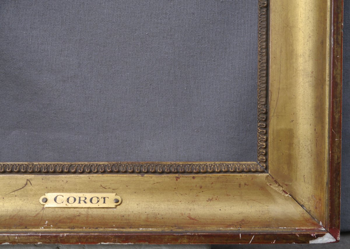 Cadre doré XIXè gorge et rais-de-coeur, vue 35,5x26,5 cm, cartel Corot-photo-2