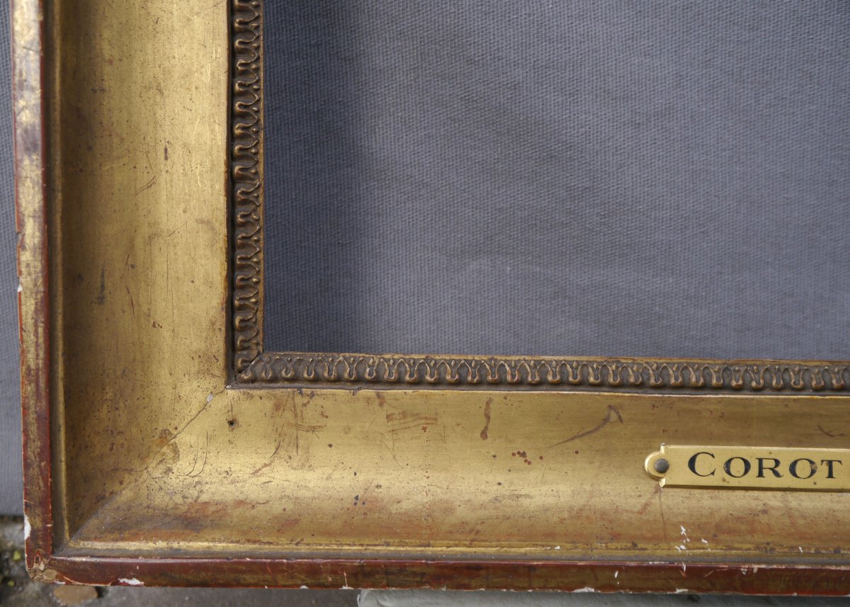 Cadre doré XIXè gorge et rais-de-coeur, vue 35,5x26,5 cm, cartel Corot-photo-3