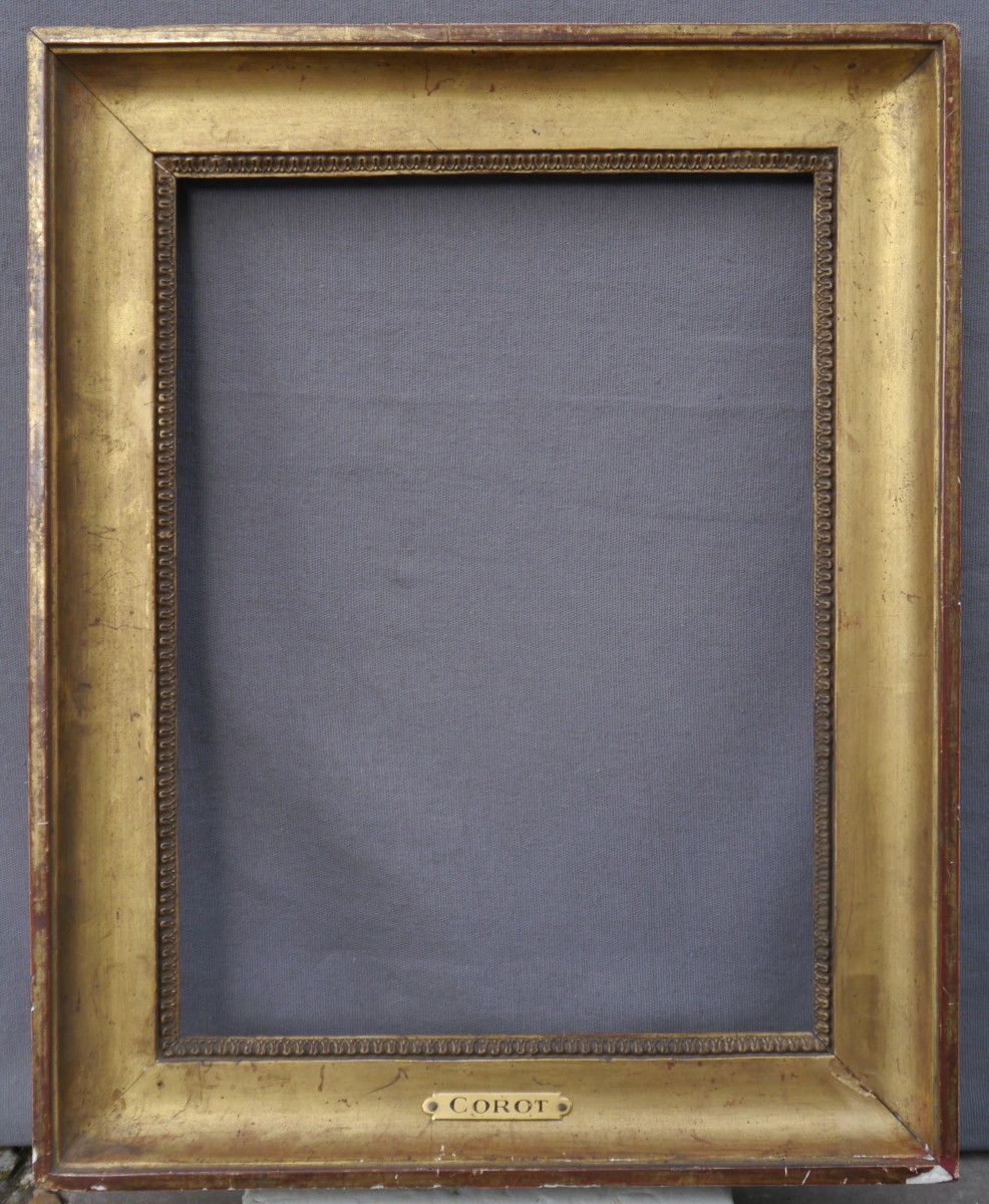 Cadre doré XIXè gorge et rais-de-coeur, vue 35,5x26,5 cm, cartel Corot