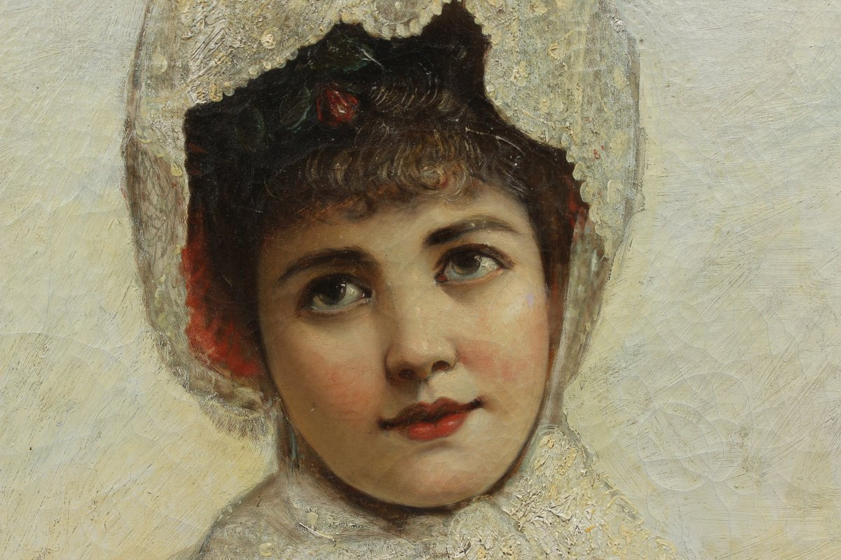 Portrait Of An Elegant Woman In A Lace Hat, Late 19th Century, European School, Signed.-photo-4