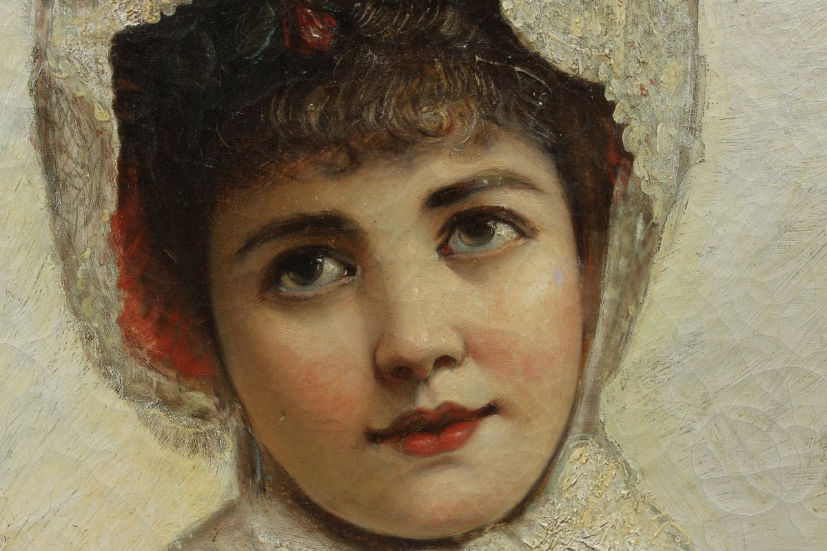 Portrait Of An Elegant Woman In A Lace Hat, Late 19th Century, European School, Signed.-photo-1