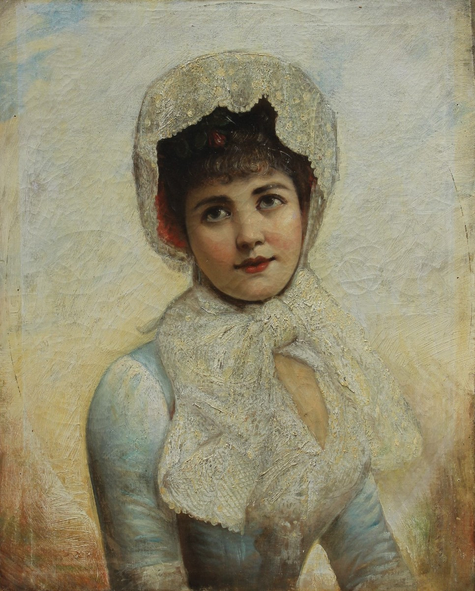 Portrait Of An Elegant Woman In A Lace Hat, Late 19th Century, European School, Signed.