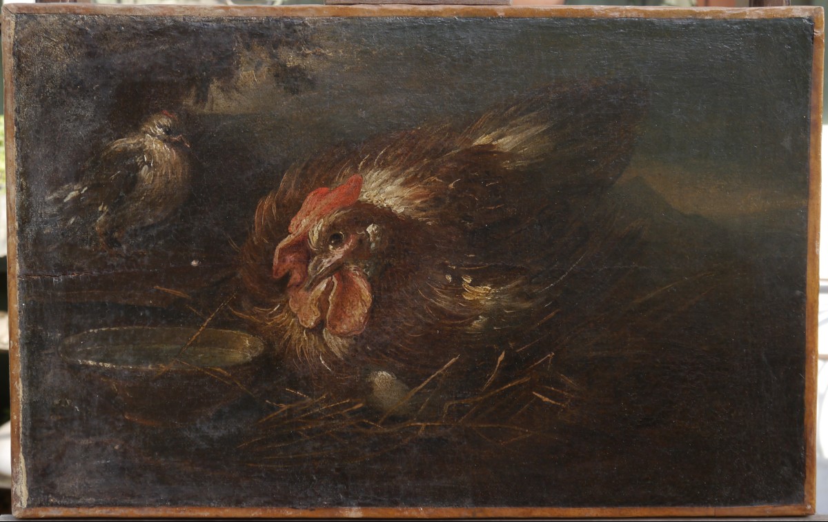 Poule et oiseau sur fond de paysage Ecole flamande ou italie XVIIè siècle