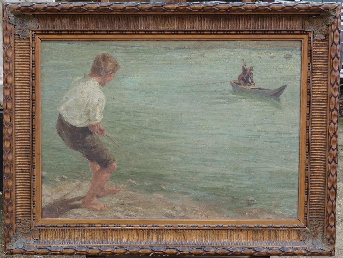 Andreas Einberger (1878-1953). Man Pulling A Boat On A Lake In Tyrol, Austria. Large Format-photo-2