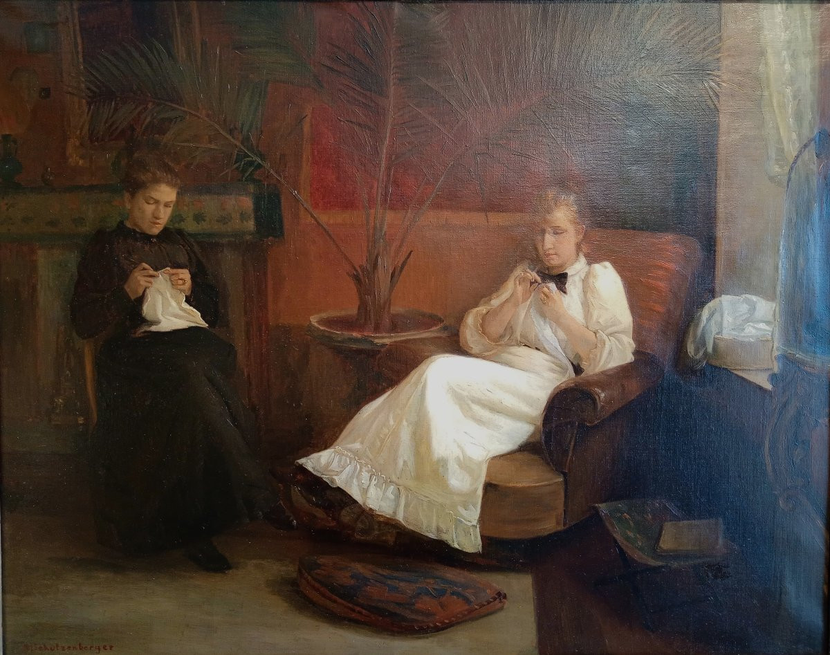 Paul René SCHUTZENBERGER (1860-1916). Deux jeunes femmes dans un intérieur.-photo-2