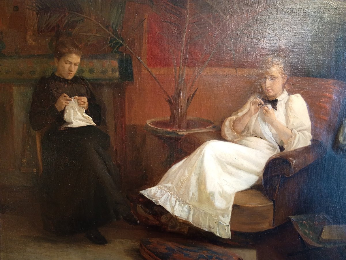 Paul René SCHUTZENBERGER (1860-1916). Deux jeunes femmes dans un intérieur.-photo-3