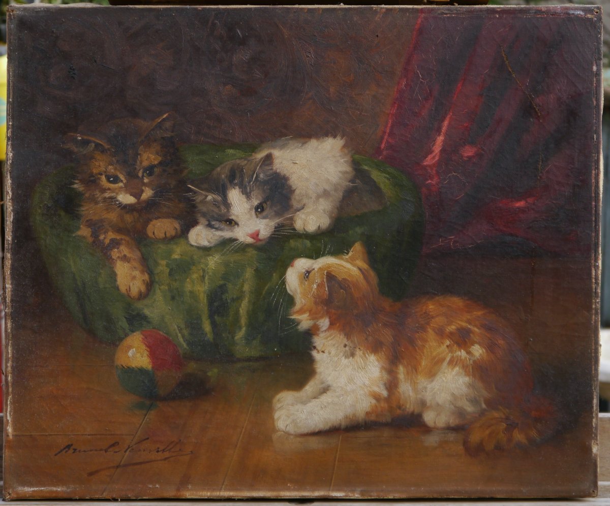 Alfred Arthur BRUNEL DE NEUVILLE (1852-1941). Trois chatons et la balle-photo-2
