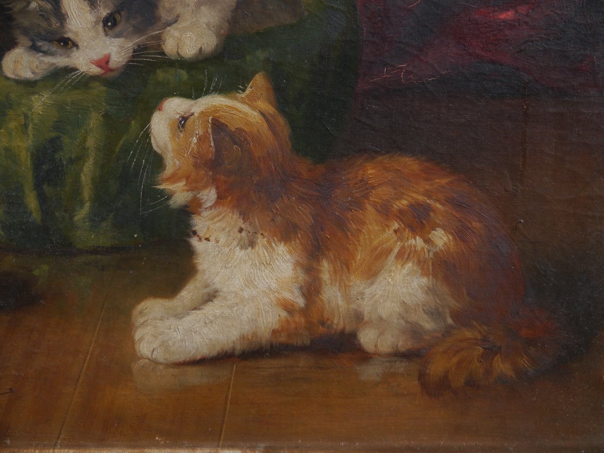 Alfred Arthur BRUNEL DE NEUVILLE (1852-1941). Trois chatons et la balle-photo-1