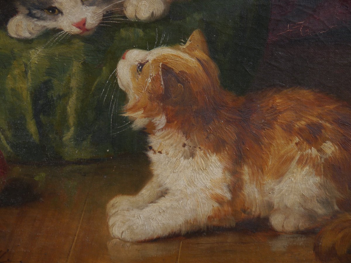 Alfred Arthur BRUNEL DE NEUVILLE (1852-1941). Trois chatons et la balle-photo-5