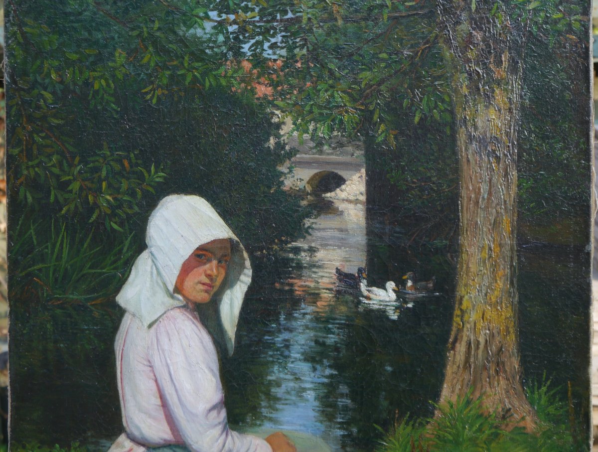 Jeune femme au bord de la rivière, 1900. Charles Nauert XIX-XXè-photo-3