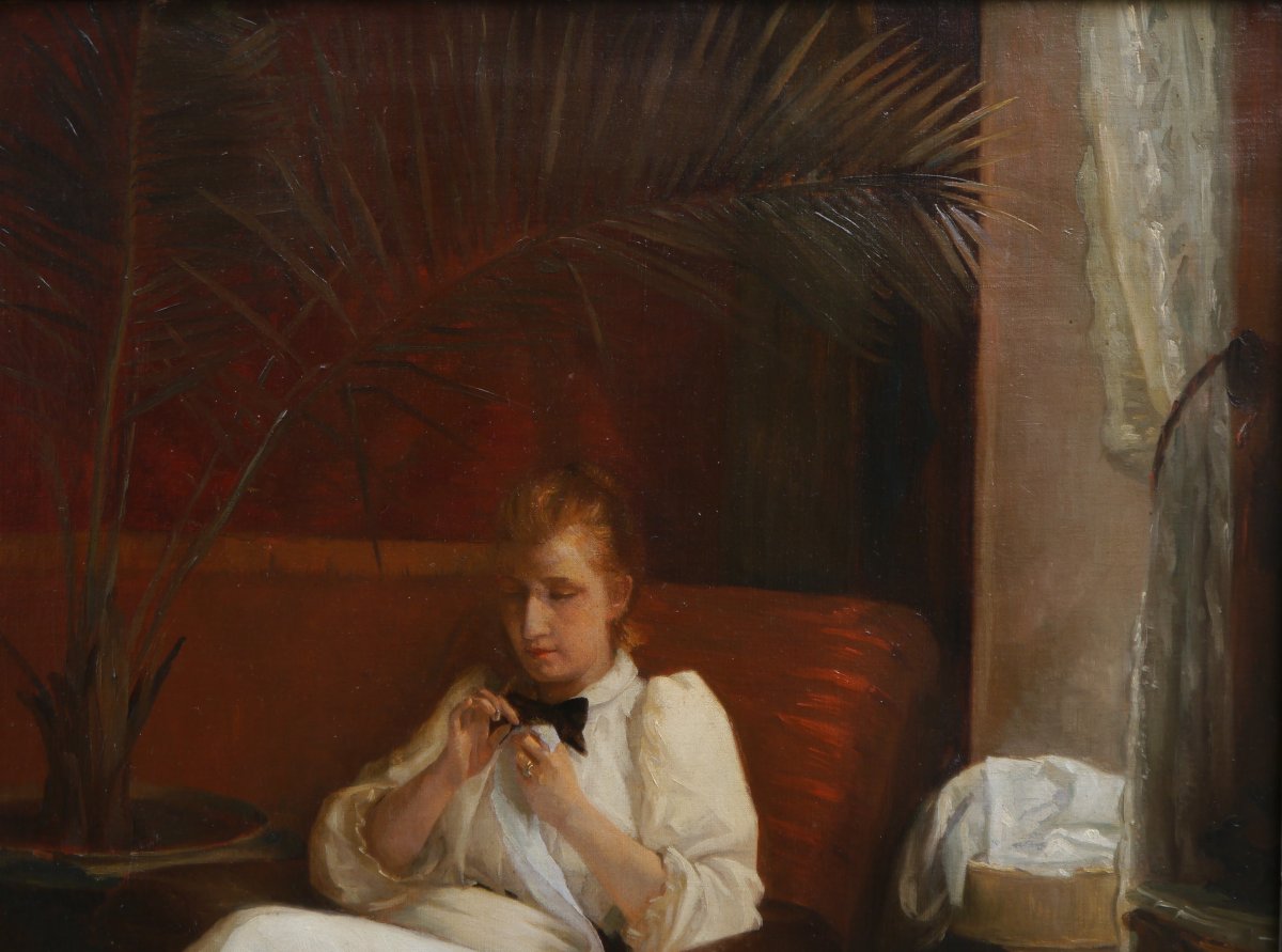 Paul René Schutzenberger (1860-1916). Two Young Women In An Interior, Large Painting.-photo-4