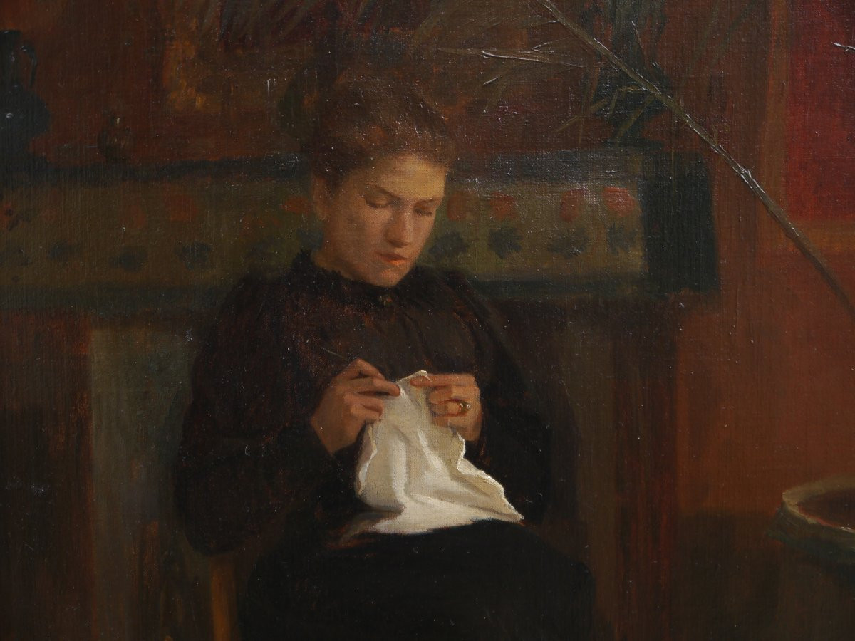 Paul René Schutzenberger (1860-1916). Two Young Women In An Interior, Large Painting.-photo-3