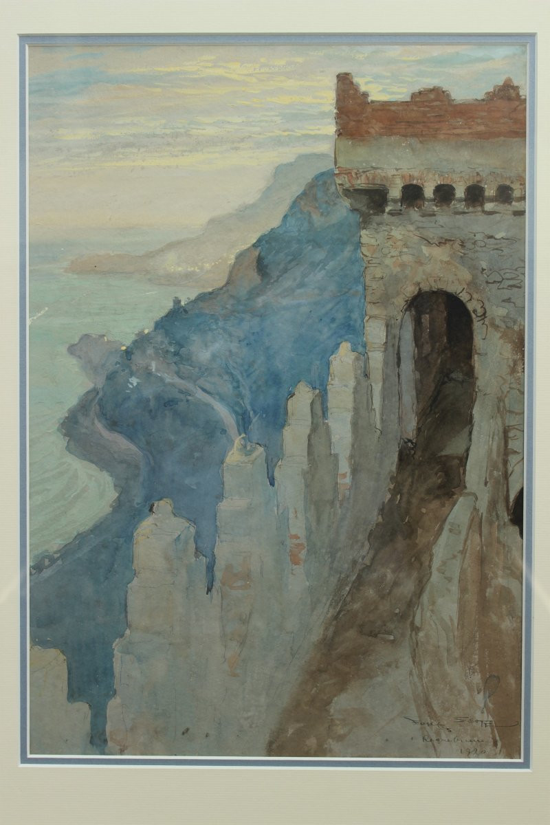Roquebrune-cap-martin, Old Monte-carlo Castle, Watercolor. Georges Scott (1873-1942)-photo-2